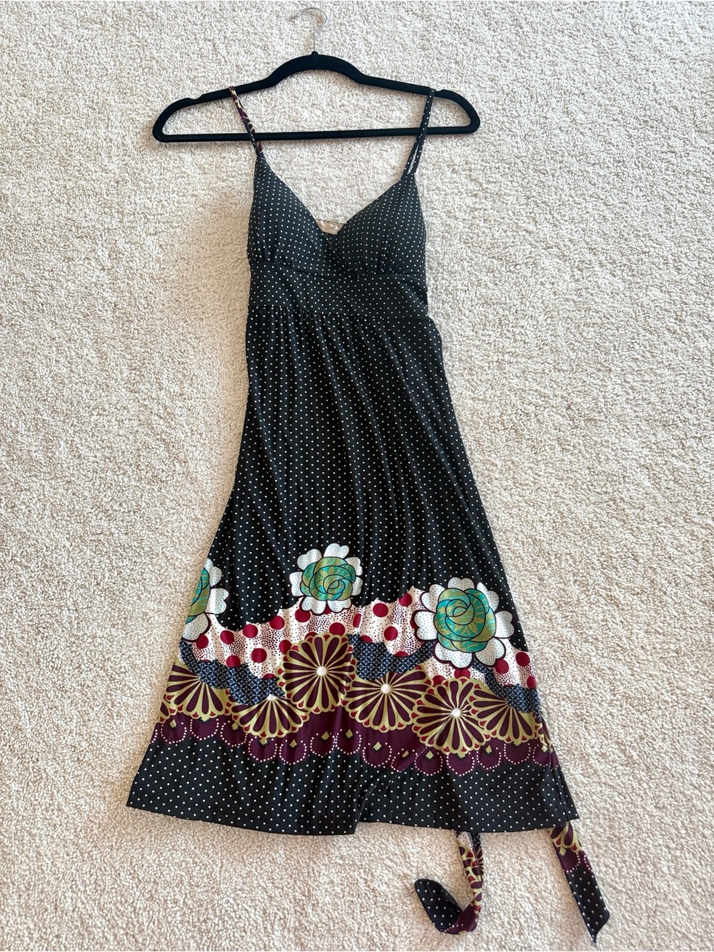 Black Polka Dot Midi Dress with Floral Hem & Tie